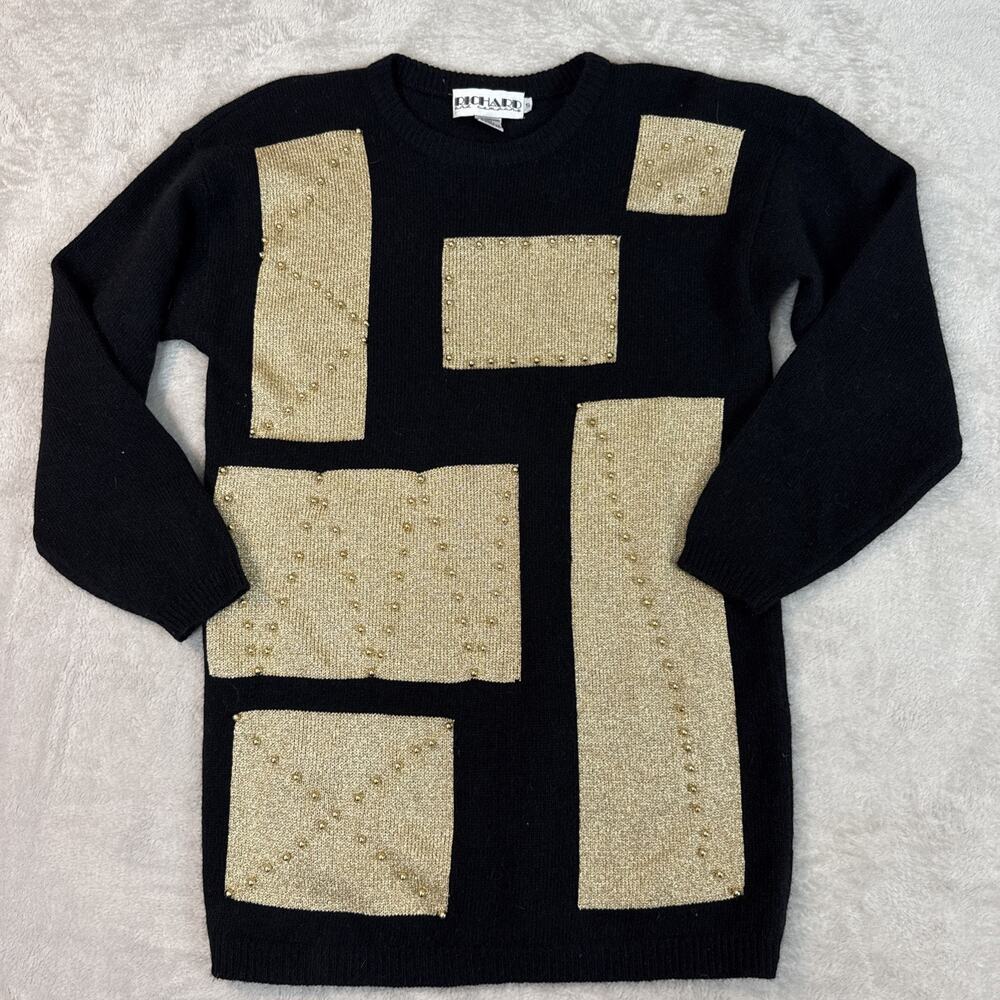 Vintage 80s Richard & Co. Lambswool Angora Black Gold Sweater graphic geo Geo